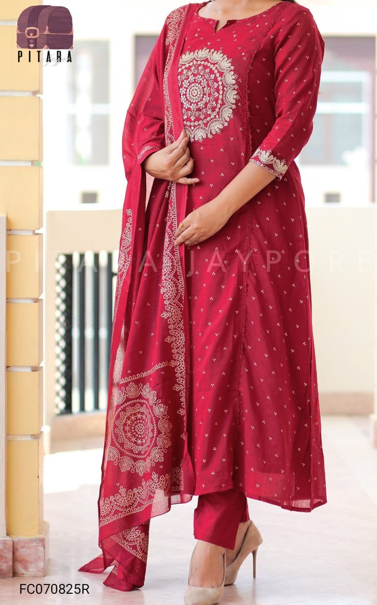 Red Cotton Suit Set with Embroidered Dupatta